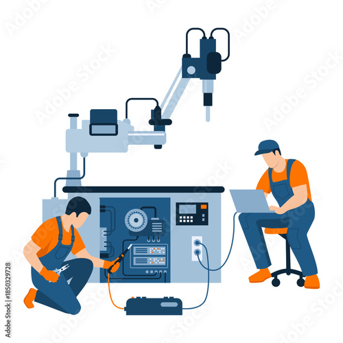 Two industrial technicians performing diagnostics and maintenance of a CNC machine in a factory. Concept of industrial maintenance, automation and technical support.