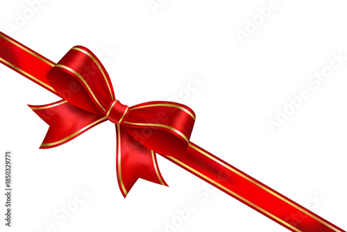 Red satin ribbon with gold trim and glossy bow, diagonal decorative vector element for gift wrapping, premium packaging and festive design accents