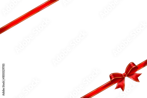 Red satin ribbon frame with gold trim and shiny bow in bottom right corner, decorative vector element for promotional banners, sales and festive headers