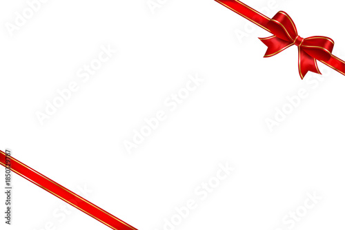 Red satin ribbon frame with gold trim and shiny bow in top right corner, decorative vector element for romantic cards, wedding invitations and celebrations