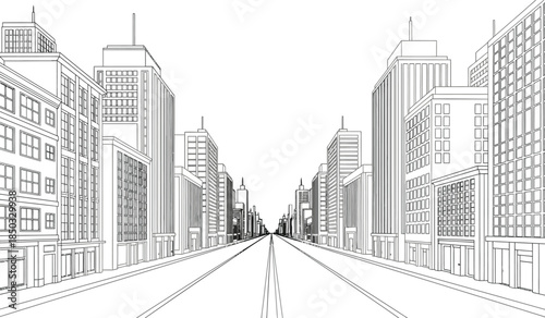 A detailed line drawing showcases a long straight city street receding into the distance framed by tall buildings and a clear sky