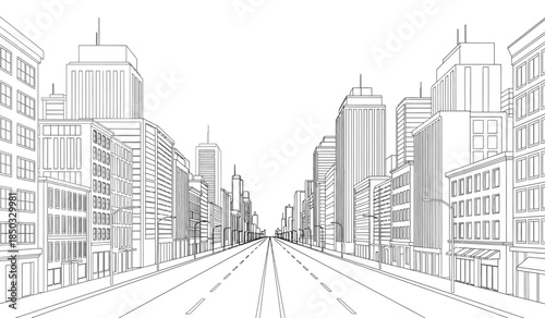 a detailed architectural rendering showcases a futuristic cityscape with towering skyscrapers and a long straight avenue extending into the distance presented in monochrome
