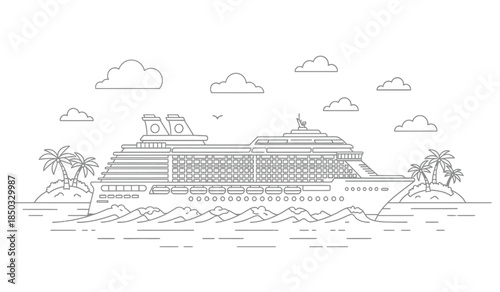 a detailed line art illustration showcasing a large cruise ship sailing on the ocean under a partly cloudy sky complete with palm trees and islands