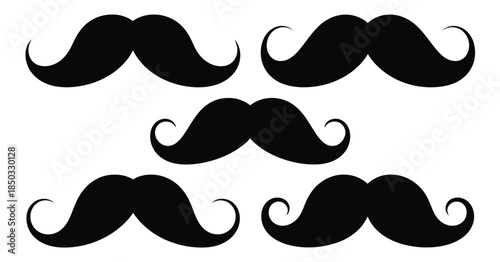 Mustache silhouettes set, vector collection featuring various styles of male facial hair, perfect for grooming designs, barber shop graphics, costume props, photobooth accessories, fashion illustratio