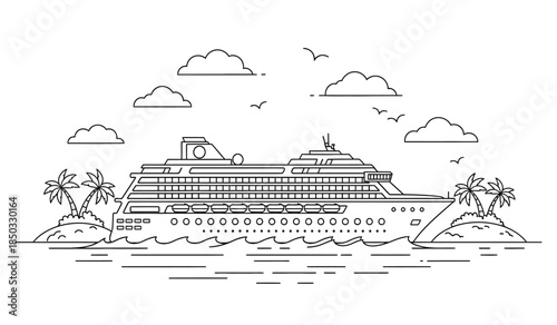a detailed line drawing depicts a large cruise ship sailing on the ocean near a tropical island landscape with palm trees and birds