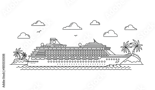 a detailed line drawing showcases a large cruise ship sailing on the ocean near palm trees under a cloudy sky with birds flying