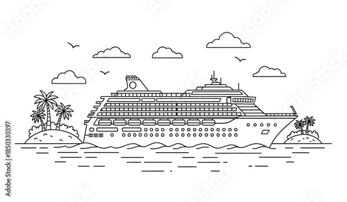 a detailed line drawing depicts a large cruise ship sailing on the ocean with tropical islands and birds in the sky high quality