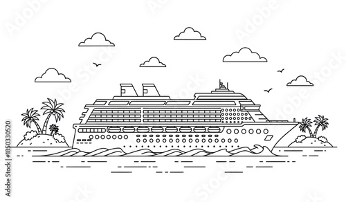 a detailed black and white line drawing showcases a large cruise ship docked near a tropical island landscape with palm trees and waves