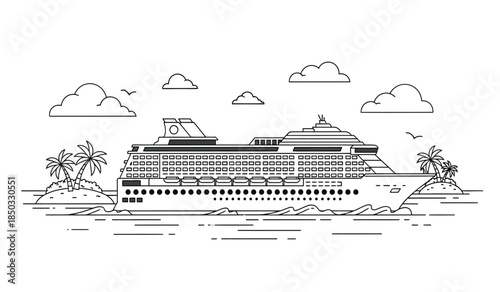 A detailed line art illustration depicts a large cruise ship sailing on the ocean flanked by palm trees and small islands with clouds above