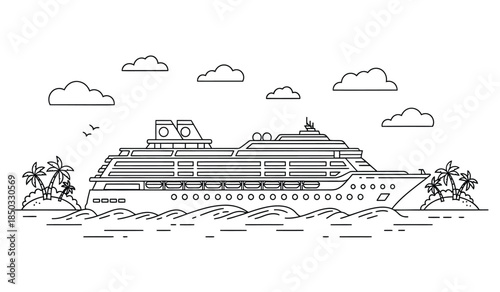 a detailed line drawing depicts a large cruise ship sailing on the ocean with palm trees and clouds in the background high quality