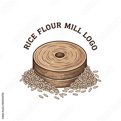 Vintage style rice flour mill stone grinder logo illustration with raw rice grains, perfect for food industry branding.