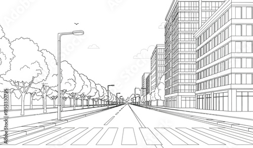 an architectural rendering depicts a straight avenue lined with modern buildings and trees a streetlamp and a clear sky above high quality professional