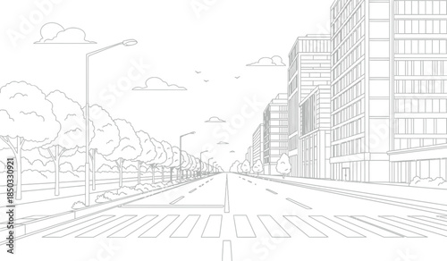 a detailed line drawing showcases a long straight city street with tall buildings lining both sides a crosswalk and sparse clouds above