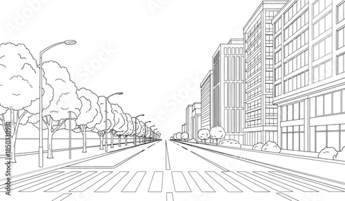 A detailed line drawing depicts a long straight city street receding into the distance flanked by tall buildings and trees offering a sense of urban