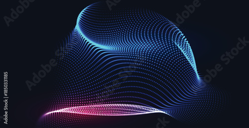 Abstract technology background with flowing lines of glowing particles forming a dynamic digital data shape