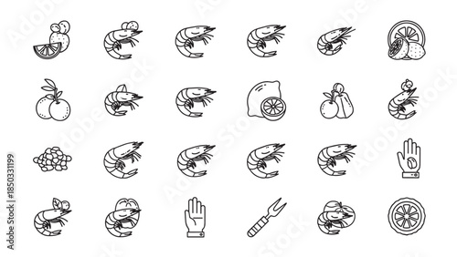 Array of outlined shrimp, citrus fruit, caviar, a fork, and hands in a vector design, all on a white background