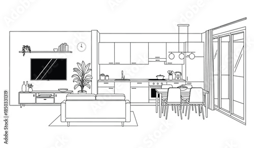 a minimalist interior design showcases a combined living room and kitchen space with modern furniture and a bright open layout featuring a large television and