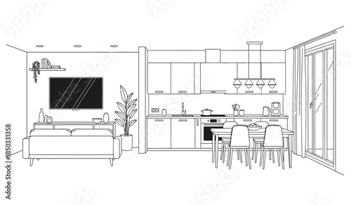 a minimalistic interior design illustration showcases a modern open concept living space with a kitchen dining area and lounge high quality professional detailed