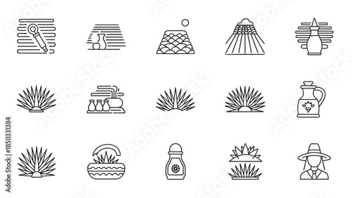 Assorted line art icons depict landscapes, plants, containers and a person in outline on a white backdrop