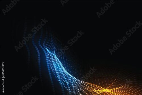 Dark abstract background with glowing blue and orange particle waves, futuristic science fiction concept