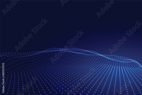 Abstract flowing wave of glowing blue dots particle mesh background futuristic digital technology design deep space