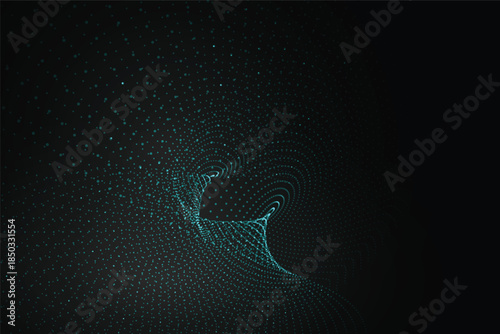 Abstract swirling vortex of teal dots particle system on black background digital data stream futuristic concept