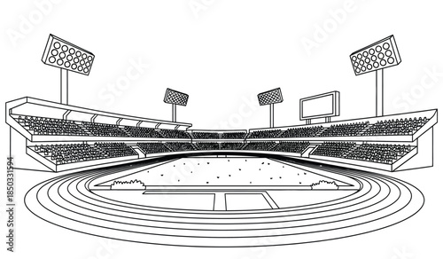 An illustrative line drawing depicts a large empty stadium with tiered seating a central field and tall light fixtures suggesting athletic events