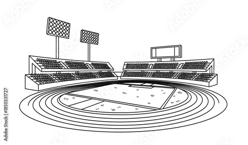 a detailed black and white line drawing depicts an empty baseball stadium with tiered seating a field and prominent light towers above