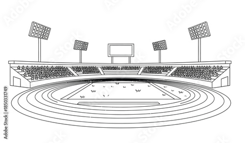 an outlined illustration depicts an empty stadium with a running track seating and multiple light fixtures suggesting a sporting event venue high quality
