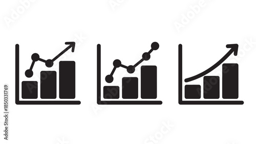Black graph icons in simple flat design with upward trend on white background for business analytics