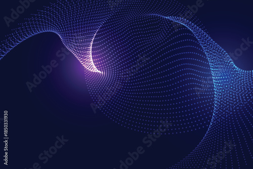 Abstract science technology background with flowing glowing particles and light trails in a dark blue environment