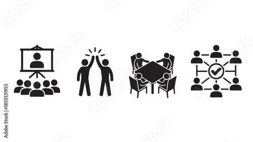 Business Team Collaboration Icons in Simple Flat Design with Black Color on White Background for Corporate Use