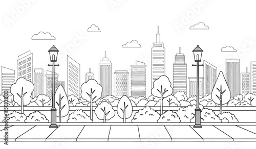 a detailed monochrome outline showcases a bustling cityscape with numerous skyscrapers trees street lamps and a pathway in the foreground high quality professional
