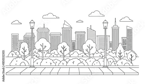 a detailed black and white line drawing depicts a sprawling cityscape with numerous tall buildings a park and a cloudy sky above