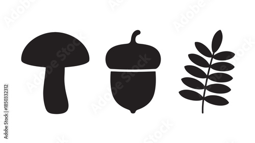 Forest elements in minimalist style with solid black color on white background for graphic design