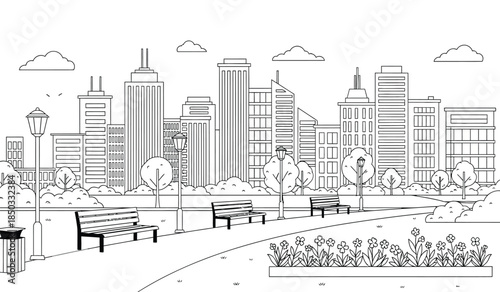 A detailed black and white illustration depicts a sprawling cityscape with modern buildings parks benches and walkways creating a peaceful urban scene