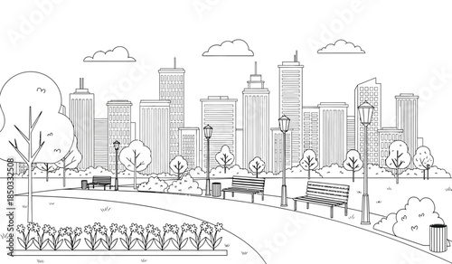 a detailed black and white line drawing showcasing a sprawling cityscape with lush greenery in the foreground including trees and park benches