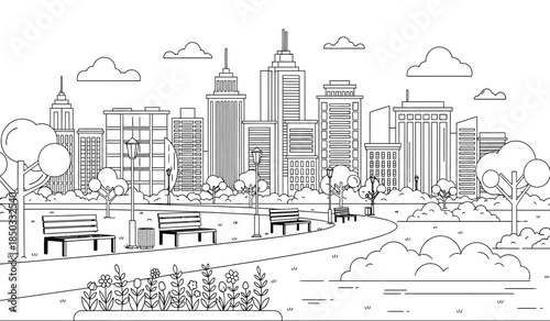 a detailed line drawing depicts a contemporary cityscape featuring towering skyscrapers a tranquil park with benches and a winding pathway alongside a small river