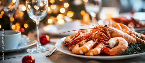 Festive dishes with assorted seafood, prawns and crabs on a table with Christmas decorations