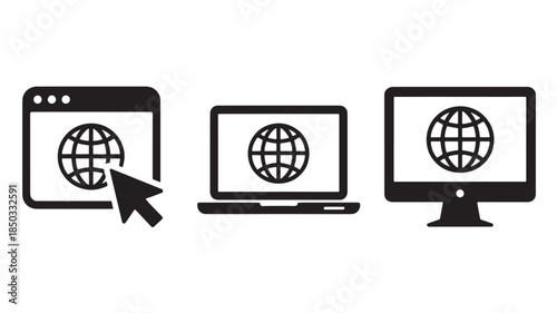 Global icon on various devices in simple flat design with black color on white background for web development