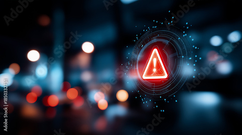 Cybersecurity warning alert on virtual interface heavily defocused digital risk background security notification display threat detection visualization cyber protection alert