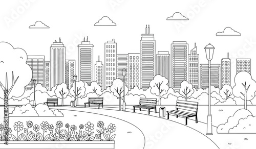 a detailed black and white line drawing depicts a serene urban park scene with a skyline featuring multiple buildings and trees high quality