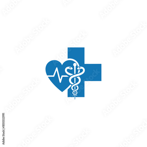 Blue medical cross heart and caduceus symbolizing health and life