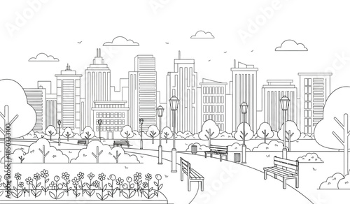 a detailed black and white line drawing depicts a sprawling city skyline with numerous buildings parks trees and pedestrian walkways creating a serene urban landscape