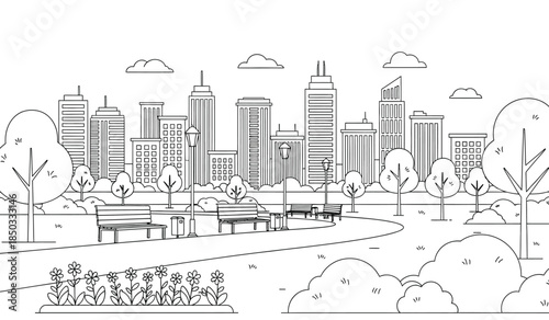 a detailed line drawing depicts a vibrant cityscape with towering buildings and a peaceful park foreground inviting contemplation and relaxation high quality professional