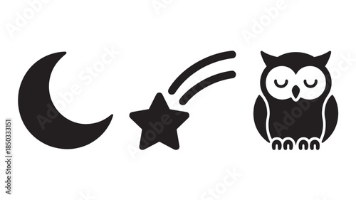 Owl with crescent moon and shooting star in simple flat design with black silhouette for childrens illustration