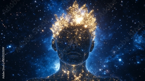 Mystical shaman beneath starry sky, palette of frosty white, emerald green, and ruby red, festive cosmic holiday design, AI generated