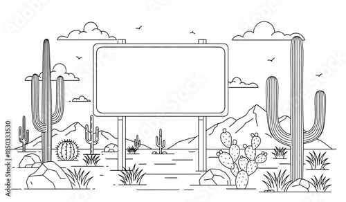 a minimalist line drawing depicts a desert landscape with cacti mountains clouds and a blank rectangular sign in the center inviting customization