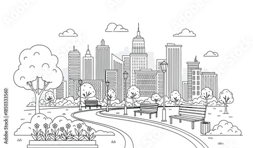 a detailed line drawing showcases a cityscape with prominent skyscrapers a winding park pathway lush trees and benches for relaxation creating an urban oasis