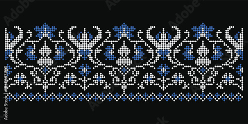 Dotted repeated ornament on black background, elegant botanical Ukrainian embroidery pattern from Poltava region
